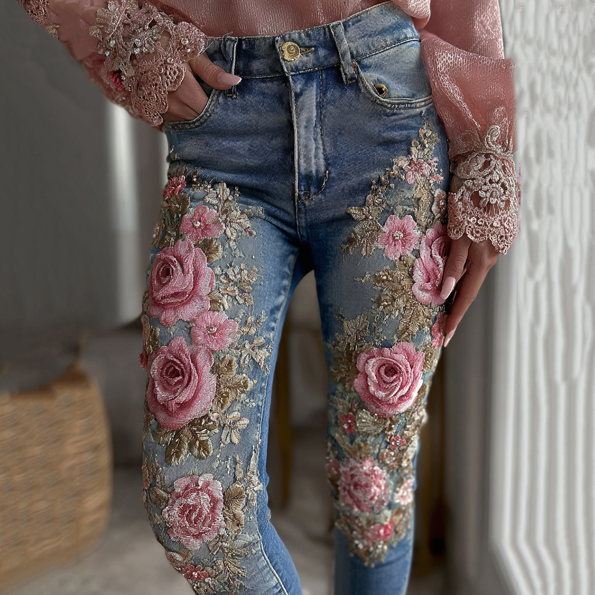 Retro Floral Print Jeans High Waist Slim Imitation Jeans Elegant Casual Trousers